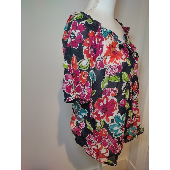 Ann Taylor Womens Blouse Floral Print Ruffle Collar Tie Neck Black Red Medium - Picture 6 of 8